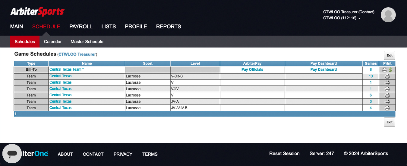 screenshot of ArbiterSports Schedule page