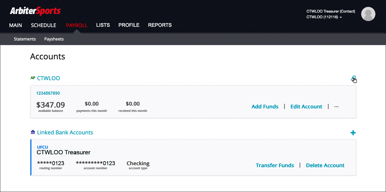 screenshot of the ArbiterPay Accounts page within ArbiterSports